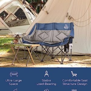 DEERFAMY Foldable Camping Loveseat with Cooler Bag and Cup& Wine Glass Holder,Portable Double Camping Chair for Adults with Padded Seats & Armrests, Heavy Duty Outdoor Loveseat Supports up to 530lbs