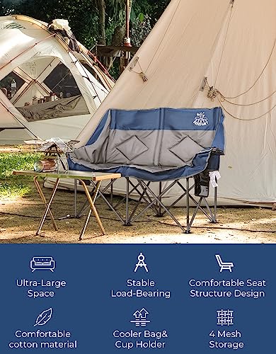 DEERFAMY Foldable Camping Loveseat with Cooler Bag and Cup& Wine Glass Holder,Portable Double Camping Chair for Adults with Padded Seats & Armrests, Heavy Duty Outdoor Loveseat Supports up to 530lbs