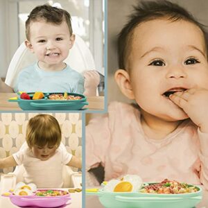 KAVONOI Baby Toddler Silicone Suction Plate with Spoon&Fork And Adjustable Bib Set,Silicone Baby Feeding Utensils Set，Baby Toddler Led Weaning Supplies Set-Pink Owl Set