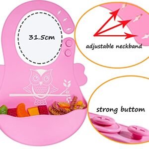 KAVONOI Baby Toddler Silicone Suction Plate with Spoon&Fork And Adjustable Bib Set,Silicone Baby Feeding Utensils Set，Baby Toddler Led Weaning Supplies Set-Pink Owl Set