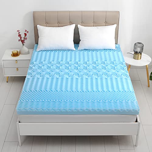 YUGYVOB 7-Zone Mattress Topper Queen, Cooling Gel Infused Mattress Topper, Egg Crate Foam Mattress, CertiPUR-US Certified, 2-Inch (60 * 80 Inch) Blue