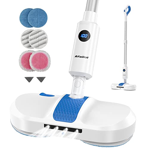 AlfaBot Electric Mop for Floor Cleaning, Cordless Spin Mop with Water Sprayer and LED Headlight, Super Quite & Rechargeable Floor Scrubber for Hardfloor