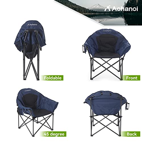 Aohanoi Oversized Camping Chairs, Camp Chairs, Camping Chairs for Heavy People, Padded Outdoor Folding Moon Chairs with Extra Wide Seats, Lawn Chairs Folding Supports up to 350lbs, Navy Blue