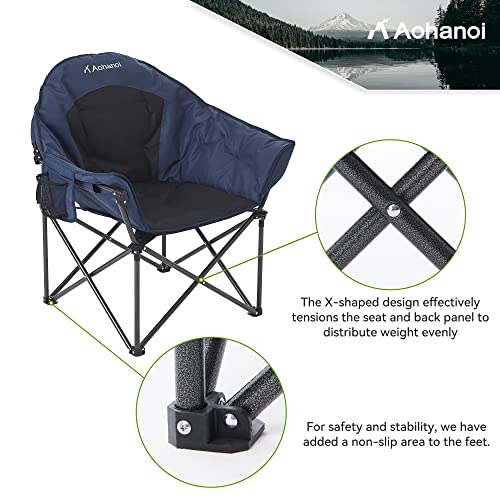 Aohanoi Oversized Camping Chairs, Camp Chairs, Camping Chairs for Heavy People, Padded Outdoor Folding Moon Chairs with Extra Wide Seats, Lawn Chairs Folding Supports up to 350lbs, Navy Blue