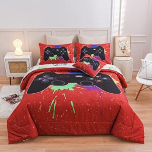 ntbed game console comforter set for boys girls kids 3d gaming tie dye lightweight microfiber gamer bedding sets (red, full 6pcs)