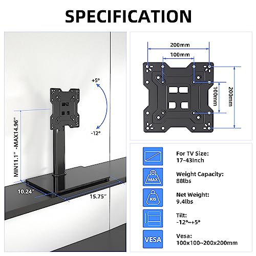 XINLEI Universal TV Stand Base, Table Top TV Stand for 17-43 Inch LCD/LED TVs, Height Adjustable Monitor Mount Stand with Tempered Glass Base Holds up to 88lbs VESA 200x200mm, TS103