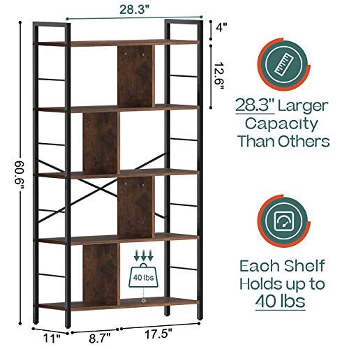 Yoobure 5 Tier Tall Book Shelf, Industrial Bookshelf Storage Bookcase, Open Wood Book Case, Rustic 5 Shelf Display Shelf for Living Room, Modern Standing Book Shelf for Bedroom, Home Office, Kitchen