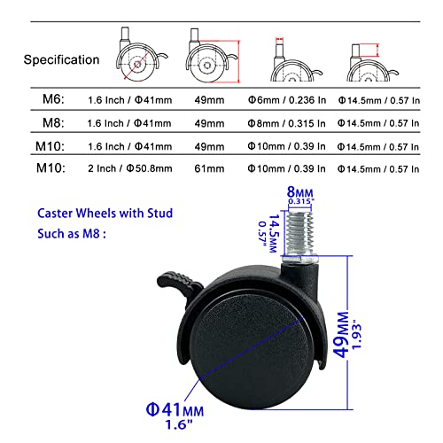 CRLGO 4 Pcs 1.5" Nylon Plastic Swivel Casters Wheel with Brakes, M6 Nylon Furniture Wheel Replacement, Swivel Cart Wheels, Workbench Small Casters