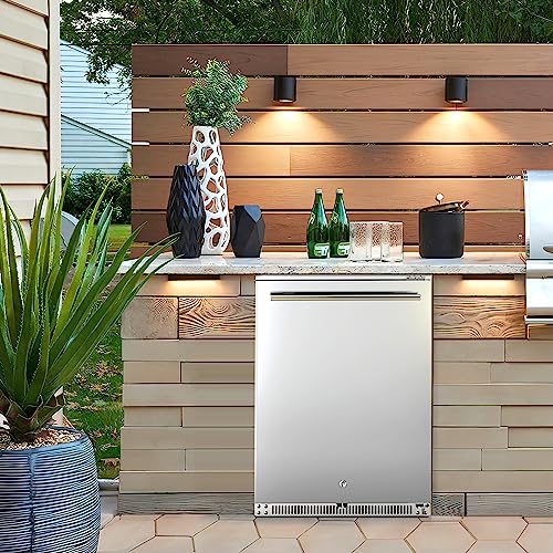 Frostronics 24 Inch 168 Cans Outdoor Beverage Refrigerator, 5.47 cu. ft. Built-in Beverage Cooler with Easy-Swap Reversible Door, 26°F Outdoor Beverage Fridge, SUS304, Lockable, ETL & NSF7 Certified