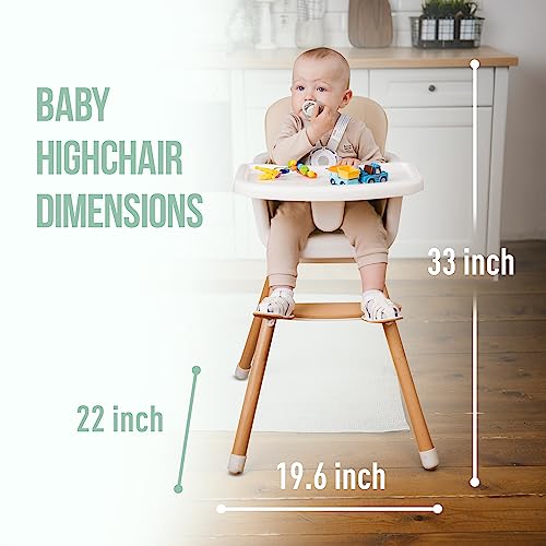 High Chair for Babies and Toddlers, Wooden Baby high Chair 3-in-1 with Removable Tray, Adjustable Legs, 5-Point Harness, High Chair for Toddlers