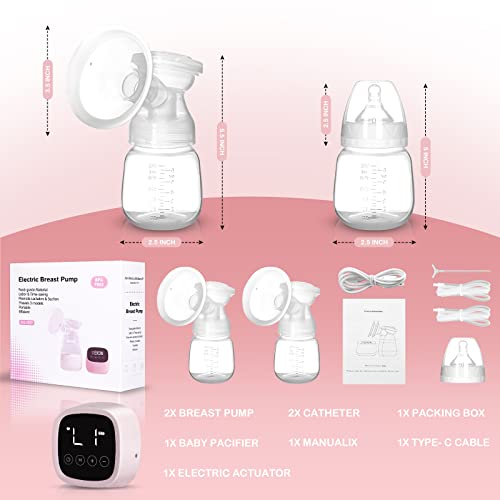 Bilateral Breast Pump Automatic Massage Silent Breast Pump LCD Touch Screen Large Suction Breast Collector, 3 Modes & 9 Levels,22mm (Pink)