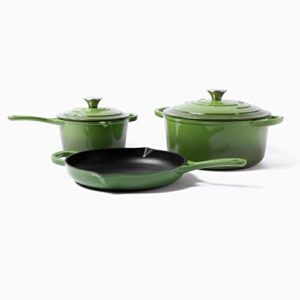 larder & vine 5 piece enameled cast iron cookware set, oven safe and compatible with all cooktops - includes 5.7 qt dutch oven and 2.2 qt saucepan with lids and 10.25" skillet (okra)