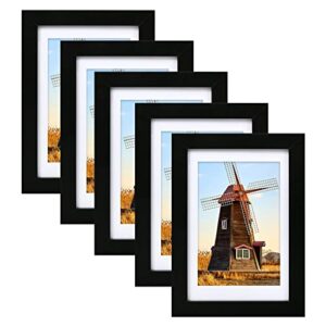 happyhapi 4x6 picture frame 5 pack photo picture frame with real glass for wall or tabletop display decor 4x6 frames collage for photos/artwork/paintings (black)