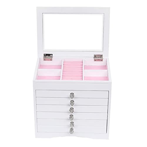 QUUL High Large Gloss Wooden Jewellery Box Armoire Bracelet Organizer Storage 5 Layers Glass White US Warehouse