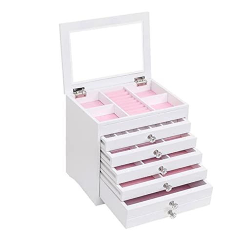 QUUL High Large Gloss Wooden Jewellery Box Armoire Bracelet Organizer Storage 5 Layers Glass White US Warehouse