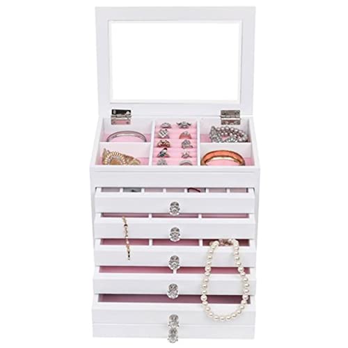 QUUL High Large Gloss Wooden Jewellery Box Armoire Bracelet Organizer Storage 5 Layers Glass White US Warehouse