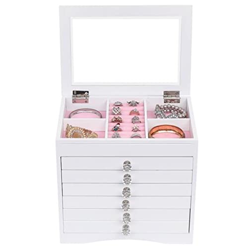 QUUL High Large Gloss Wooden Jewellery Box Armoire Bracelet Organizer Storage 5 Layers Glass White US Warehouse
