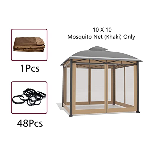 Tumjay Gazebo Universal Replacement Mosquito Netting 10’x10’ Garden Gazebo Netting Outdoor Canopy Mesh Patio Screen Sidewalls with Zipper（Mosquito Net Only,Khaki）