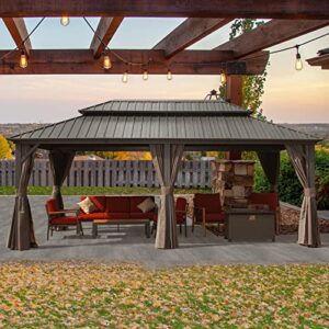 domi outdoor living 12’ x 20’ hardtop gazebo canopy with netting & curtains, outdoor aluminum gazebo with galvanized steel double roof for patio lawn and garden, gray