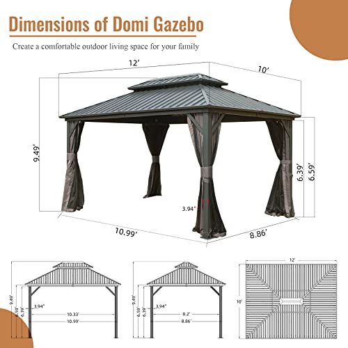 Domi 10' X 12' Hardtop Gazebo, Aluminum Metal Gazebo with Galvanized Steel Double Roof Canopy, Curtain and Netting, Permanent Gazebo Pavilion for Patio, Backyard, Deck, Lawn