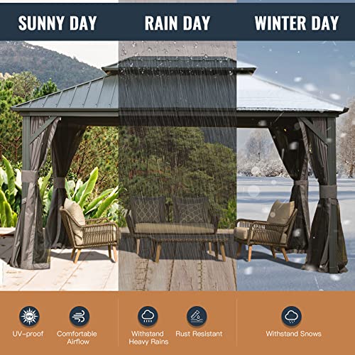 Domi 10' X 12' Hardtop Gazebo, Aluminum Metal Gazebo with Galvanized Steel Double Roof Canopy, Curtain and Netting, Permanent Gazebo Pavilion for Patio, Backyard, Deck, Lawn