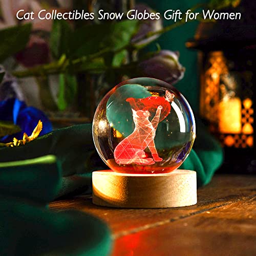 Cat Lover Gifts for Women 3D Cat Figurines in Crystal Ball 60mm Decor Cat Collectibles Snow Globes Gift Glass Sphere Home Decor with Wooden Light Base