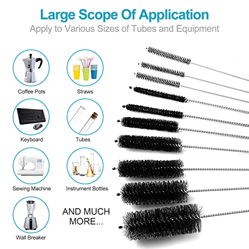 10PCS Straw Cleaner Brushes, 8 Inch Tube Cleaning Brush and Nylon Pipe Brush Set, Small Bottle Cleaning Brushes for Narrow Neck Sippy Cups Straws Teapot Nozzle(Black)