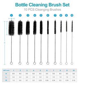 10PCS Straw Cleaner Brushes, 8 Inch Tube Cleaning Brush and Nylon Pipe Brush Set, Small Bottle Cleaning Brushes for Narrow Neck Sippy Cups Straws Teapot Nozzle(Black)