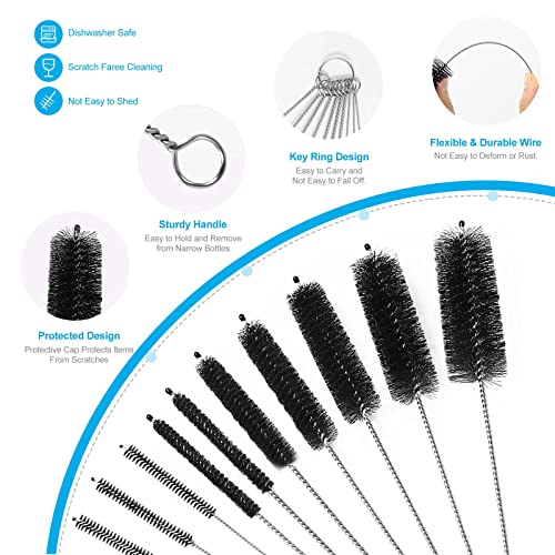 10PCS Straw Cleaner Brushes, 8 Inch Tube Cleaning Brush and Nylon Pipe Brush Set, Small Bottle Cleaning Brushes for Narrow Neck Sippy Cups Straws Teapot Nozzle(Black)