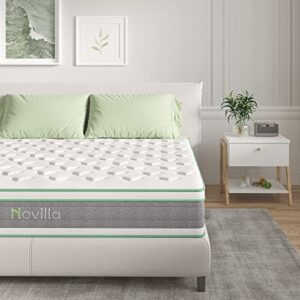 novilla queen mattress 12 inch hybrid mattress in a box, innerspring mattress with gel memory foam for a cool sleep, pressure relief, medium firm mattress with pillow top, groove,white&grey&green