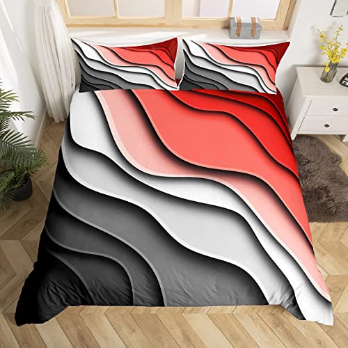 Erosebridal Coastline Beach Bed Set Sea Duvet Cover, Abstract Art Bedding Set Full Gray Black Red Ombre Comforter Cover, Modern Aesthetic Bed Cover with Zipper Closure Summer Beach Farmhouse Decor