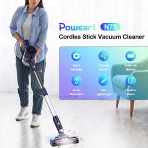 POWEART Cordless Vacuum Cleaner, 6 in 1 Multifunction Cordless Stick Vacuum, 2200mAh Vacuum Cleaner Rechargeable, Lightweight Vacuum Cleaner Hardwood Floor Pet Hair Home - Telescopic