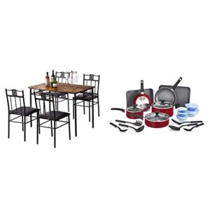 vecelo dining table set with 4 chairs, retro brown & bella nonstick cookware set - aluminum bakeware, pots and pans, storage bowls & utensils, compatible with all stovetops, 21 piece, red