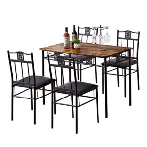 VECELO Dining Table Set with 4 Chairs, Retro Brown & Bella Nonstick Cookware Set - Aluminum Bakeware, Pots and Pans, Storage Bowls & Utensils, Compatible with All Stovetops, 21 Piece, Red