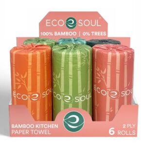 ECO SOUL 100% Bamboo Kitchen Paper Towel Set of 6 Rolls | 900 sheets, 150 sheets per roll | 2 Ply Ultra Absorbent, Eco-friendly, Sustainable, Soft Paper Towel, Food Safe