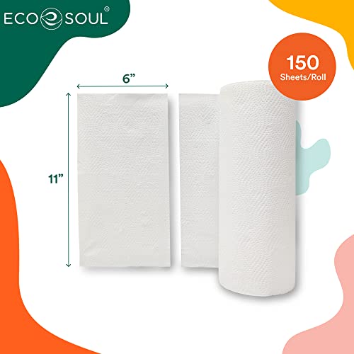 ECO SOUL 100% Bamboo Kitchen Paper Towel Set of 6 Rolls | 900 sheets, 150 sheets per roll | 2 Ply Ultra Absorbent, Eco-friendly, Sustainable, Soft Paper Towel, Food Safe