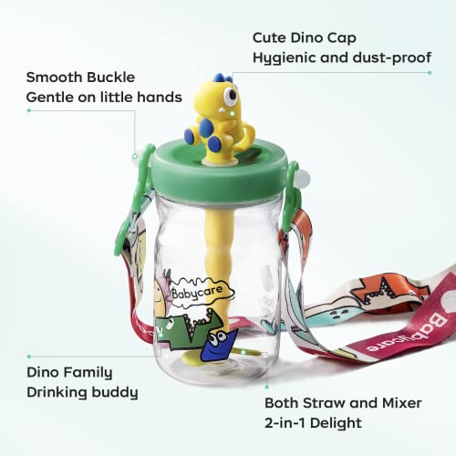 bc babycare Toddler Cups With Straw, No Spill sippy cups for 2 year old, Breakproof Tritan baby bottles with Silicone Soft Tip Straw and Adjustable Straps for Baby, BPA Free 500ml（Green Dinosaur）