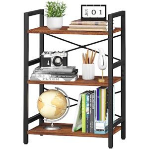 yoobure bookshelf small book shelf, solid industrial 3 tier shelf bookcase, short book case for bedroom, living room, office home, small spaces, easy assembly berry brown