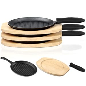 tanlade 3 sets cast iron skillets pre seasoned fajita pan heavy duty construction sizzling plates with wooden base and silicone handle mitt, black