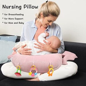 ChildLike Nursing Pillow,Plus Size Breastfeeding Pillows and Positioner Support for Mom and Baby,Soft Velvet Fabric Breastfeeding and Bottle Feeding Pillow,Tummy Time Prop with Toys (Pink)