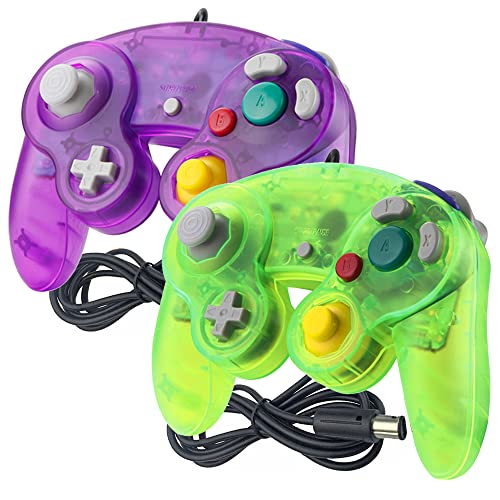 Reiso Gamecube Controller, 2 Pack NGC Classic Wired Controller for Wii Game cube Console (Clear Purple and Green)