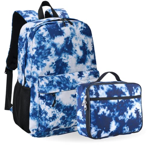 Fenrici Kids' Backpack with Lunch Box Set for Boys and Girls, School Bag with Laptop Compartment and Insulated Lunch Bag, Blue Tie Dye