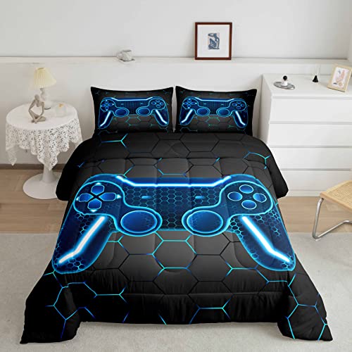 Feelyou Gamer Comforter Set for Kids Boys Teens Twin Size Game Controller Comforter 3Pcs Gaming Gifts Bedding for All Season(Twin,Blue)