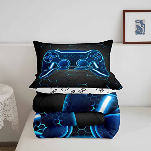 Feelyou Gamer Comforter Set for Kids Boys Teens Twin Size Game Controller Comforter 3Pcs Gaming Gifts Bedding for All Season(Twin,Blue)