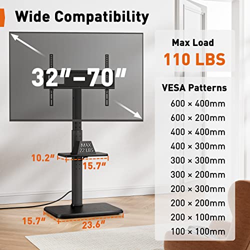 Perlegear Floor TV Stand with Power Outlet, Universal TV Stand for 32-70 inch TVs up to 110 lbs, Height Adjustable TV Stand with Swivel, Floor TV Mount Stand with Wood Base, Max VESA 600x400mm, PGFS06