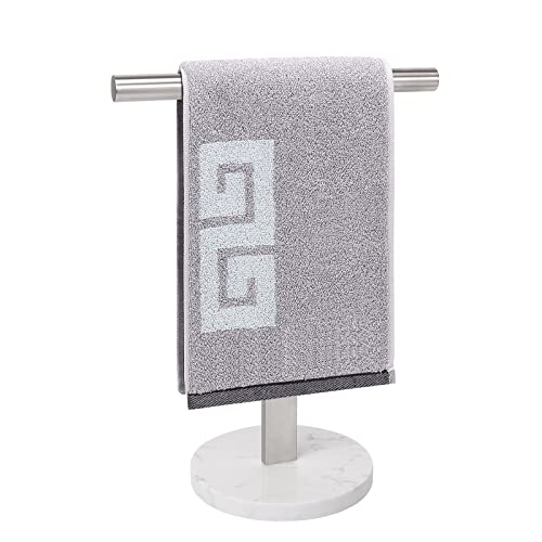 NearMoon T-Shape Hand Towel Holder-Bathroom Towel Rack-Stand with Balanced Base Towel Bar for Bathroom Kitchen Vanity Countertop, Modern Stand Towel Ring (Marble Base, Brushed Nickel)