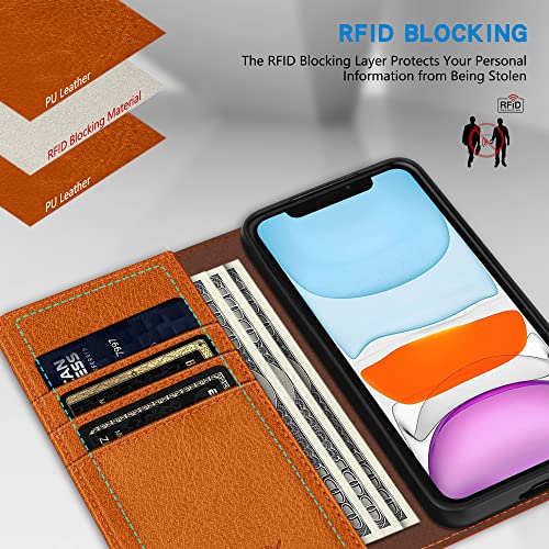 ZZXX iPhone 11 Wallet Case with [RFID Blocking] Card Slot Stand Strong Magnetic Leather Flip Fold Protective Phone Case for iPhone 11 Case Wallet(Brown-6.1 inch)