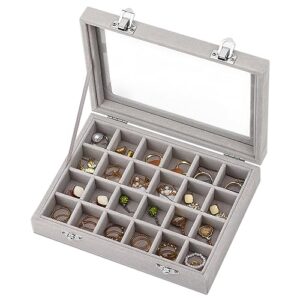 fixwal earring jewelry box 24 grid velvet jewelry tray for drawers glass clear lid showcase display storage ring trays earring holder organizer case(grey)