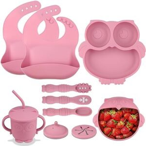 silicone baby feeding set, 13 pcs baby led weaning supplies with suction baby plate and bowl set, baby spoon and fork, adjustable bib, sippy cup with straw and lid, baby utensils for 6+ months（pink）
