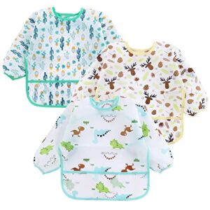 pandaear 3 pack long sleeve bibs| waterproof full bib with sleeves for babies infant toddler 6-24 months| mess proof baby smock for eating| baby apron for feeding